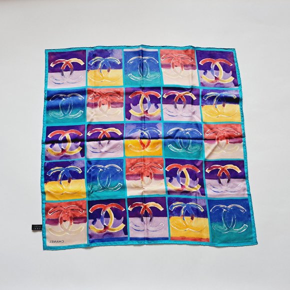 NEW Chanel CC Logo 100% Silk Multicolor Scarf 26" x 26" - Picture 7 of 11